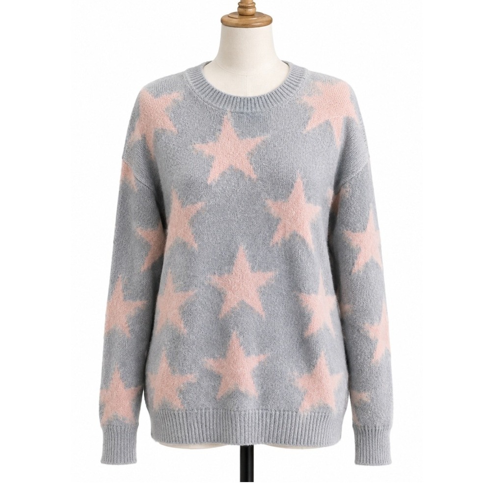 Macaron Gray Pink Star Print Knit Crewneck Sweater Pullover Small 053 bin - Picture 3 of 16